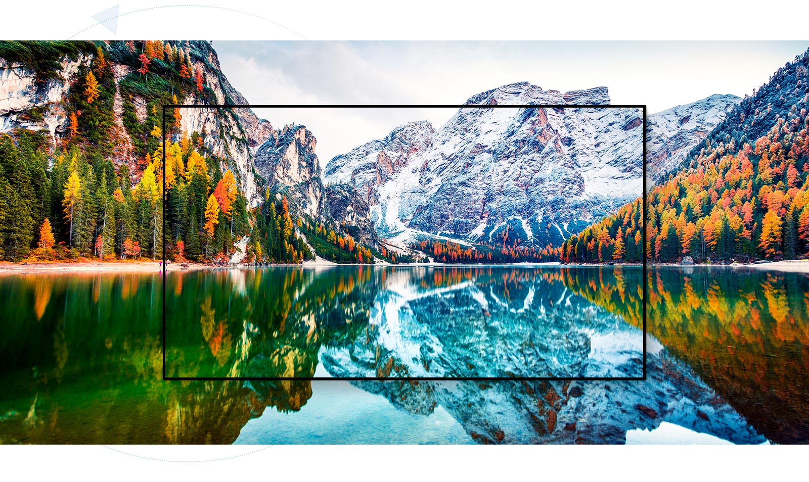 Экран телевизора с приближенным изображением гор и озера (просмотр видео)