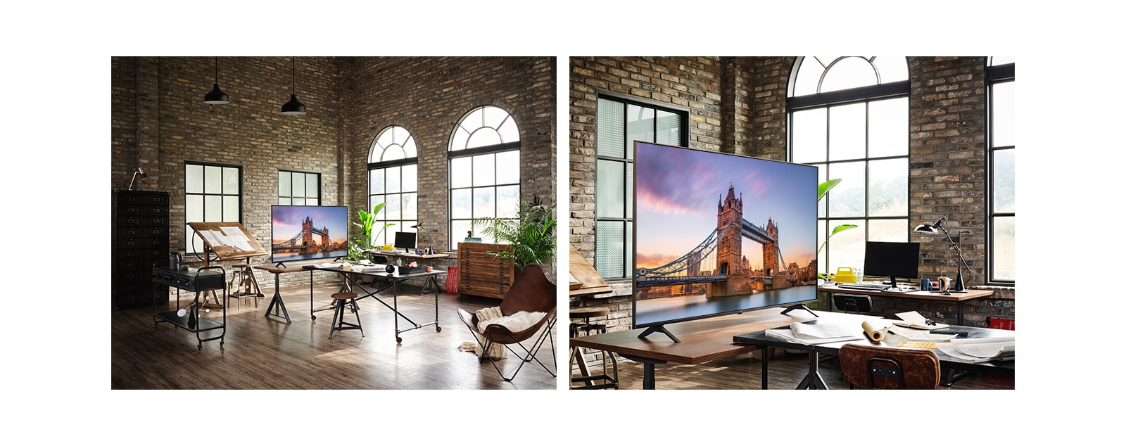 Телевизор с изображением Лондонского моста в комнате с античным интерьером. Крупный план телевизора с изображением Лондонского моста на столе в комнате с античным интерьером.